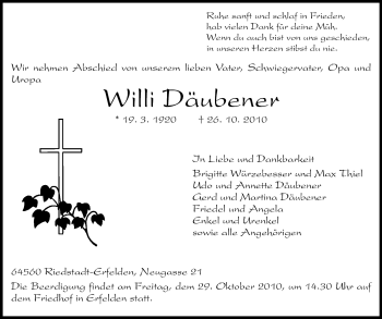 Traueranzeige von Willi Däubener von Rüsselsheimer Echo, Groß-Gerauer-Echo, Ried Echo
