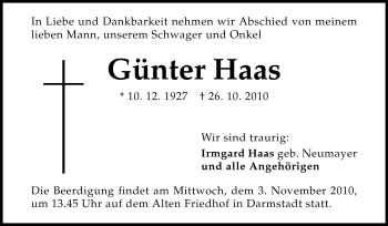 Traueranzeige von Günter Haas von Darmstädter Echo, Odenwälder Echo, Rüsselsheimer Echo, Groß-Gerauer-Echo, Ried Echo