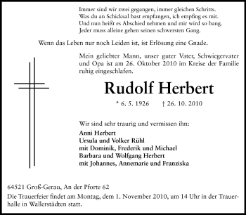 Traueranzeige von Rudolf Herbert von Rüsselsheimer Echo, Groß-Gerauer-Echo, Ried Echo