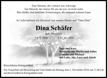 Traueranzeige von Dina Schäfer von Rüsselsheimer Echo, Groß-Gerauer-Echo, Ried Echo