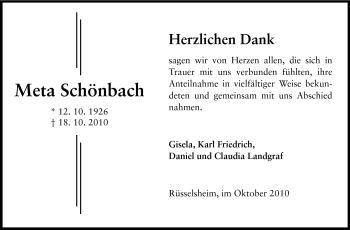 Traueranzeige von Meta Schönbach von Rüsselsheimer Echo, Groß-Gerauer-Echo, Ried Echo