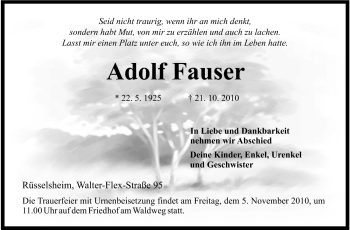 Traueranzeige von Adolf Fauser von Rüsselsheimer Echo, Groß-Gerauer-Echo, Ried Echo