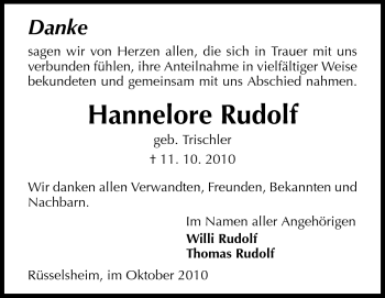 Traueranzeige von Hannelore Rudolf von Rüsselsheimer Echo, Groß-Gerauer-Echo, Ried Echo