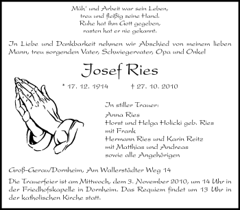 Traueranzeige von Josef Ries von Rüsselsheimer Echo, Groß-Gerauer-Echo, Ried Echo