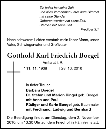 Traueranzeige von Gotthold Karl Friedrich Boegel von Echo-Zeitungen (Gesamtausgabe)