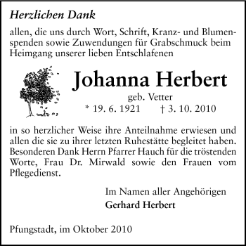 Traueranzeige von Johanna Herbert von Echo-Zeitungen (Gesamtausgabe)