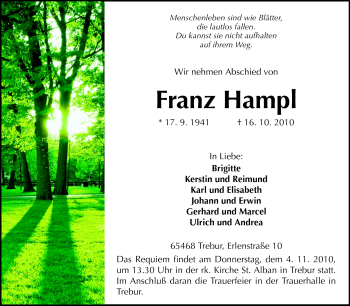 Traueranzeige von Franz Hampl von Rüsselsheimer Echo, Groß-Gerauer-Echo, Ried Echo
