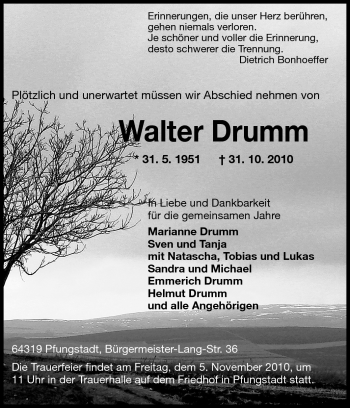 Traueranzeige von Walter Drumm von Echo-Zeitungen (Gesamtausgabe)