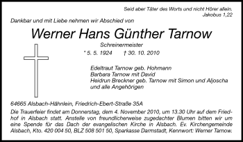Traueranzeige von Werner hans Günther Tarnow von Echo-Zeitungen (Gesamtausgabe)