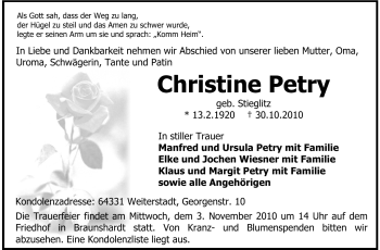 Traueranzeige von Christine Petry von Echo-Zeitungen (Gesamtausgabe)