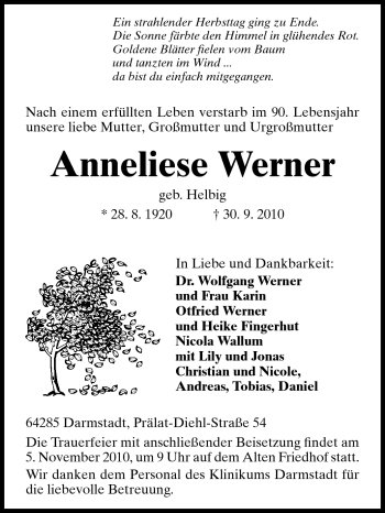 Traueranzeige von Anneliese Werner von Darmstädter Echo, Odenwälder Echo, Rüsselsheimer Echo, Groß-Gerauer-Echo, Ried Echo