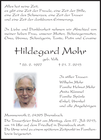 Traueranzeige von Hildegard Mohr von Echo-Zeitungen (Gesamtausgabe)