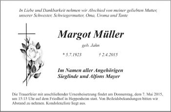 Traueranzeige von Margot Müller von Starkenburger Echo