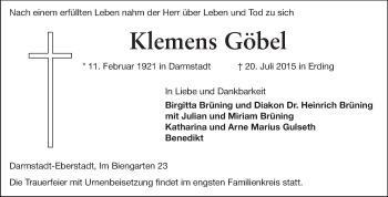 Traueranzeige von Klemens Göbel von Echo-Zeitungen (Gesamtausgabe)