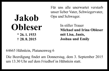 Traueranzeige von Jakob Obleser von trauer.echo-online.de