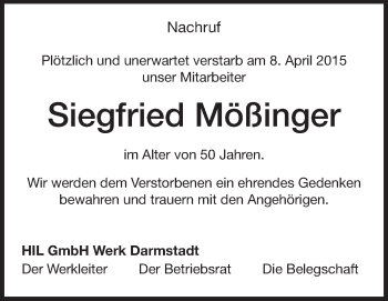 Traueranzeige von Siegfried Mößinger von Echo-Zeitungen (Gesamtausgabe)