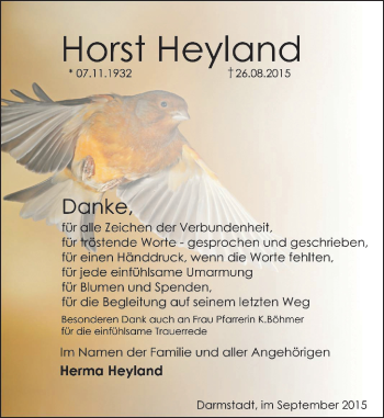 Traueranzeige von Horst Heyland von trauer.echo-online.de