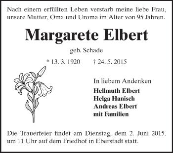 Traueranzeige von Margarete Elbert von Echo-Zeitungen (Gesamtausgabe)