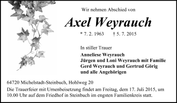Traueranzeige von Axel Weyrauch von Odenwälder Echo
