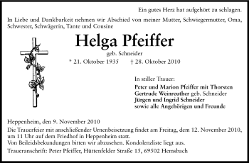 Traueranzeige von Helga Pfeiffer von Starkenburger Echo