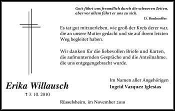 Traueranzeige von Erika Willausch von Echo-Zeitungen (Gesamtausgabe)