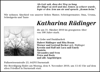 Traueranzeige von Katharina Rüdinger von Darmstädter Echo, Odenwälder Echo, Rüsselsheimer Echo, Groß-Gerauer-Echo, Ried Echo