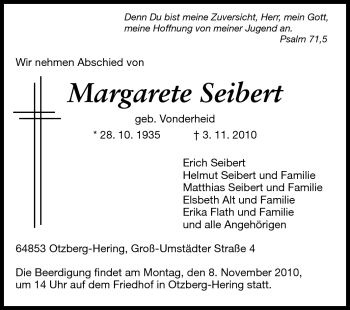 Traueranzeige von Margarete Seibert von Darmstädter Echo, Odenwälder Echo, Rüsselsheimer Echo, Groß-Gerauer-Echo, Ried Echo