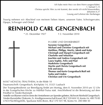 Traueranzeige von Reinhold Carl Gengenbach von Darmstädter Echo, Odenwälder Echo, Rüsselsheimer Echo, Groß-Gerauer-Echo, Ried Echo
