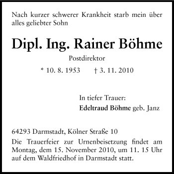 Traueranzeige von Rainer Böhme von Darmstädter Echo, Odenwälder Echo, Rüsselsheimer Echo, Groß-Gerauer-Echo, Ried Echo