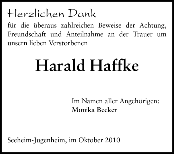 Traueranzeige von Harald Haffke von Darmstädter Echo, Odenwälder Echo, Rüsselsheimer Echo, Groß-Gerauer-Echo, Ried Echo