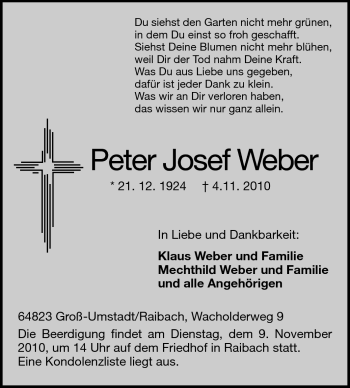 Traueranzeige von Peter Josef Weber von Darmstädter Echo, Odenwälder Echo, Rüsselsheimer Echo, Groß-Gerauer-Echo, Ried Echo