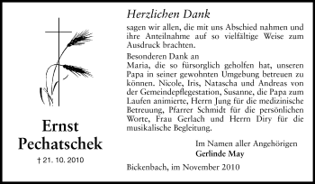 Traueranzeige von Ernst Pechatschek von Echo-Zeitungen (Gesamtausgabe)