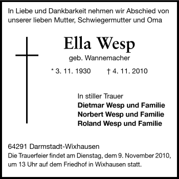 Traueranzeige von Ella Wesp von Darmstädter Echo, Odenwälder Echo, Rüsselsheimer Echo, Groß-Gerauer-Echo, Ried Echo