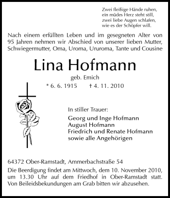 Traueranzeige von Lina Hofmann von Darmstädter Echo, Odenwälder Echo, Rüsselsheimer Echo, Groß-Gerauer-Echo, Ried Echo