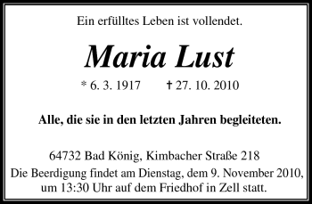 Traueranzeige von Maria Lust von Odenwälder Echo