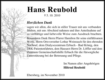 Traueranzeige von Hans Reubold von Odenwälder Echo