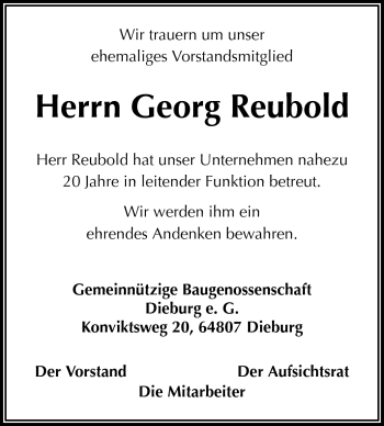 Traueranzeige von Georg Reubold von Echo-Zeitungen (Gesamtausgabe)