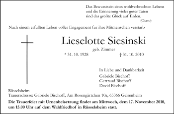 Traueranzeige von Lieselotte Siesinski von Rüsselsheimer Echo, Groß-Gerauer-Echo, Ried Echo