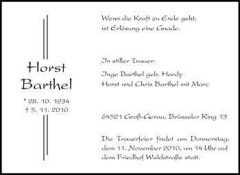 Traueranzeige von Horst Barthel von Rüsselsheimer Echo, Groß-Gerauer-Echo, Ried Echo