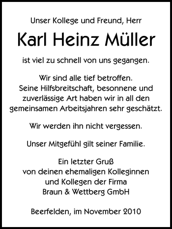 Traueranzeige von Karl Heinz Müller von Odenwälder Echo