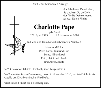 Traueranzeige von Charlotte Pape von Odenwälder Echo