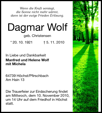 Traueranzeige von Dagmar Wolf von Odenwälder Echo