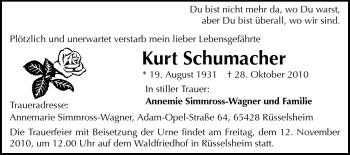Traueranzeige von Kurt Schumacher von Rüsselsheimer Echo, Groß-Gerauer-Echo, Ried Echo