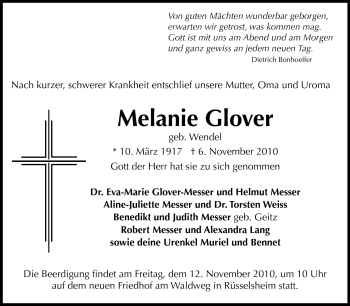 Traueranzeige von Melanie Glover von Rüsselsheimer Echo, Groß-Gerauer-Echo, Ried Echo