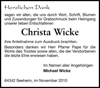 Traueranzeige von Christa Wicke von Echo-Zeitungen (Gesamtausgabe)