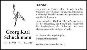 Traueranzeige von Georg Karl Schuchmann von Darmstädter Echo, Odenwälder Echo, Rüsselsheimer Echo, Groß-Gerauer-Echo, Ried Echo