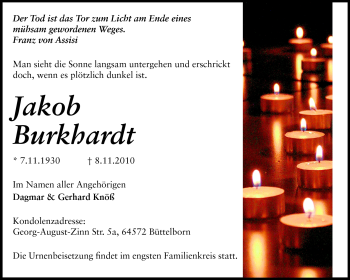 Traueranzeige von Jakob Burkhardt von Rüsselsheimer Echo, Groß-Gerauer-Echo, Ried Echo