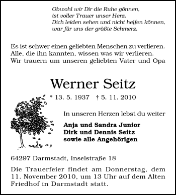 Traueranzeige von Werner Seitz von Echo-Zeitungen (Gesamtausgabe)