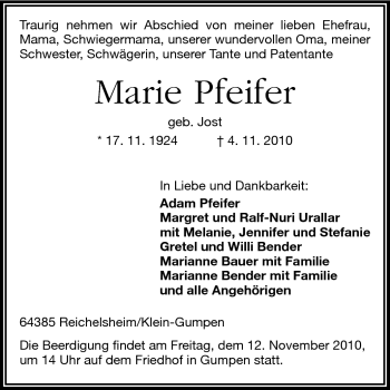 Traueranzeige von Marie Pfeifer von Odenwälder Echo