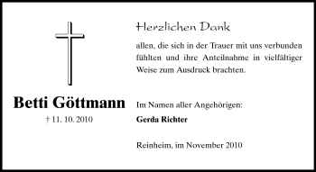Traueranzeige von Betti Göttmann von Darmstädter Echo, Odenwälder Echo, Rüsselsheimer Echo, Groß-Gerauer-Echo, Ried Echo